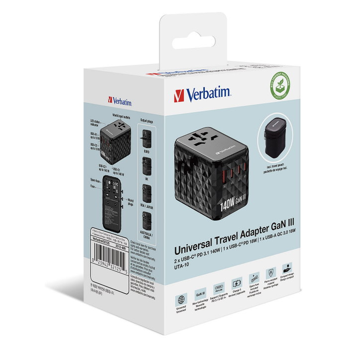 Verbatim GaN III Uni.Travel Adaptador 140W Cargador Universal Negro UTA-10 32125