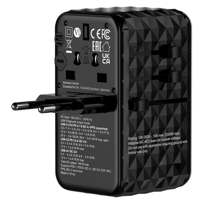Verbatim GaN III Uni.Travel Adaptador 140W Cargador Universal Negro UTA-10 32125
