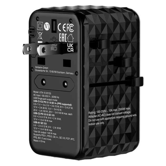 Verbatim GaN III Uni.Travel Adaptador 140W Cargador Universal Negro UTA-10 32125