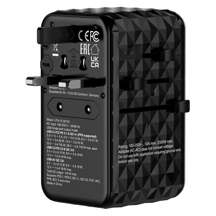 Verbatim GaN III Uni.Travel Adaptador 140W Cargador Universal Negro UTA-10 32125