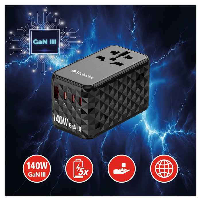 Verbatim GaN III Uni.Travel Adaptador 140W Cargador Universal Negro UTA-10 32125
