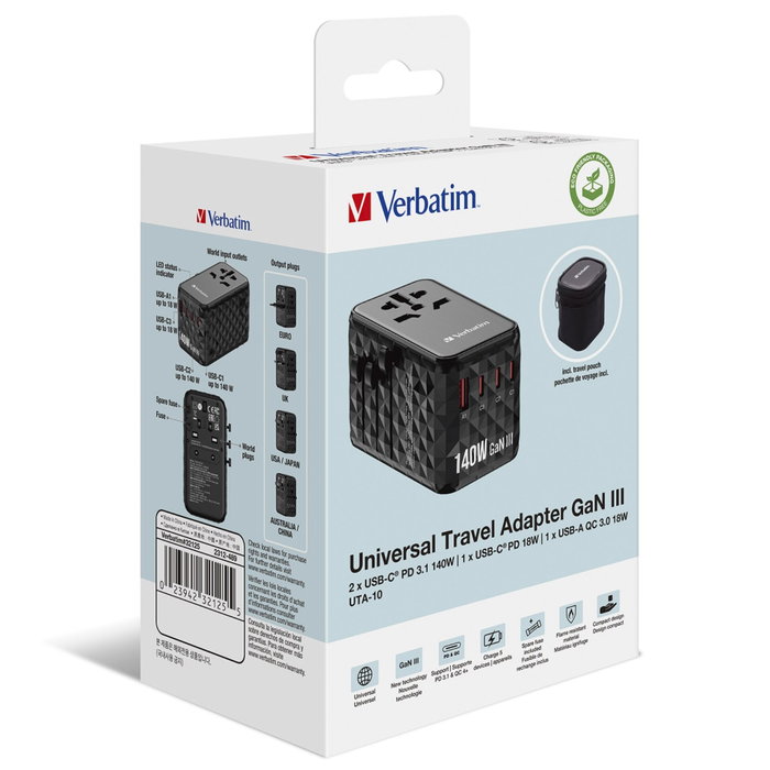 Verbatim GaN III Universal Travel Adapter 140W UTA-10 Verbatim GaN III Universal Travel Adapter 140W UTA-10