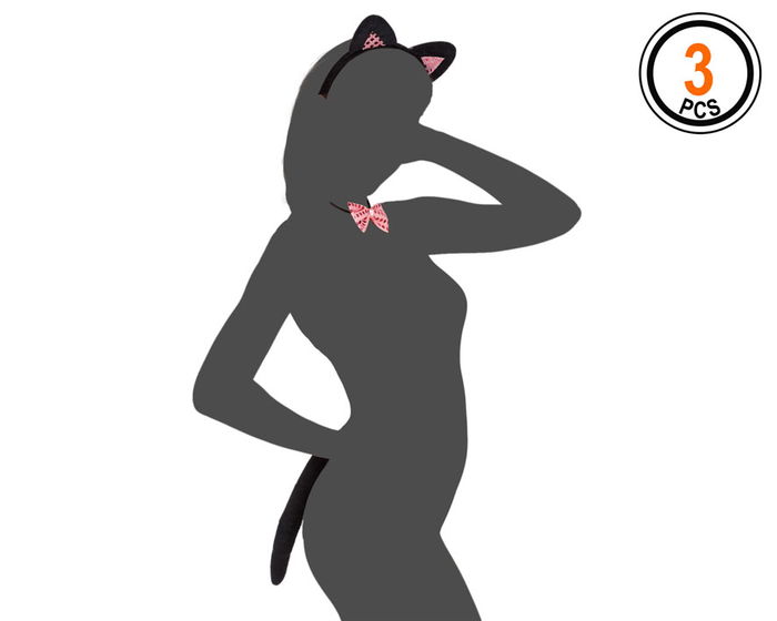 Kit Gatita Diadema Orejas Pajarita Y Cola - Set Completo Negro con Detalles Rosa para Disfraces de Fiesta y Carnaval