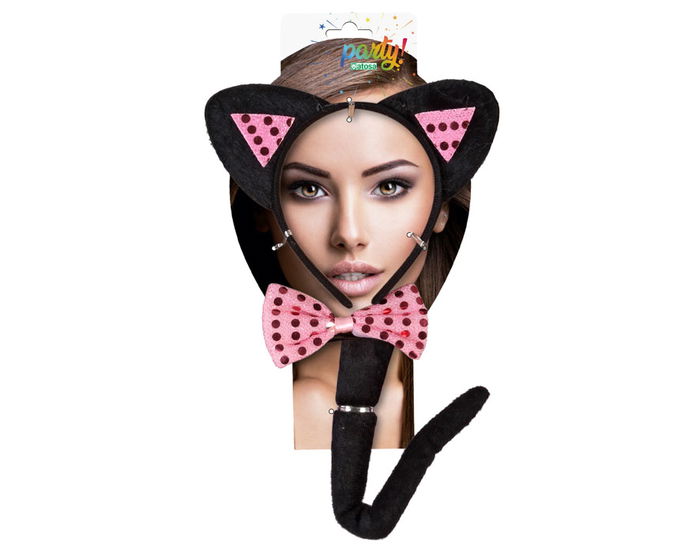 Kit Gatita Diadema Orejas Pajarita Y Cola - Set Completo Negro con Detalles Rosa para Disfraces de Fiesta y Carnaval