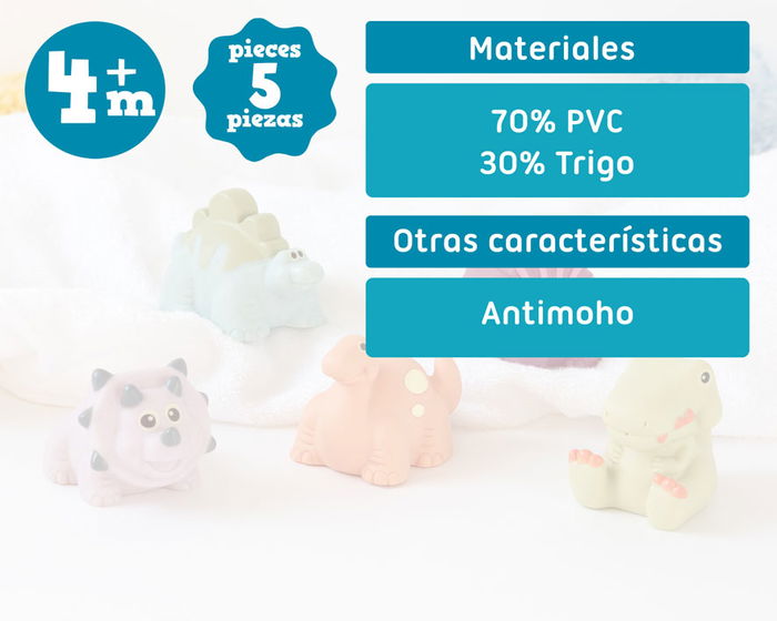 KioKids Set 5 Dinosaurios Antimoho para Baño Ecológicos 70% PVC 30% Trigo +4 Meses Juguetes Baño Bebé Multicolor