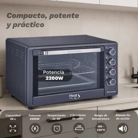 Grunkel Horno Eléctrico de Sobremesa HR-48PROMAX, 48 Litros, 2200W, Convección Independiente, Negro