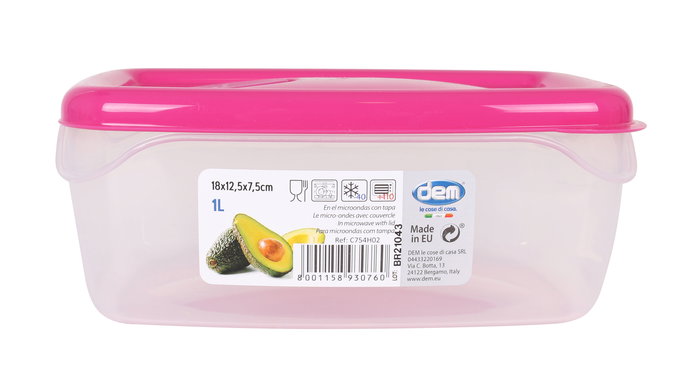 Dem Fiambrera Hermética 1L Rectangular para Microondas 18 x 12.5 x 7.5 cm (24 Unidades)