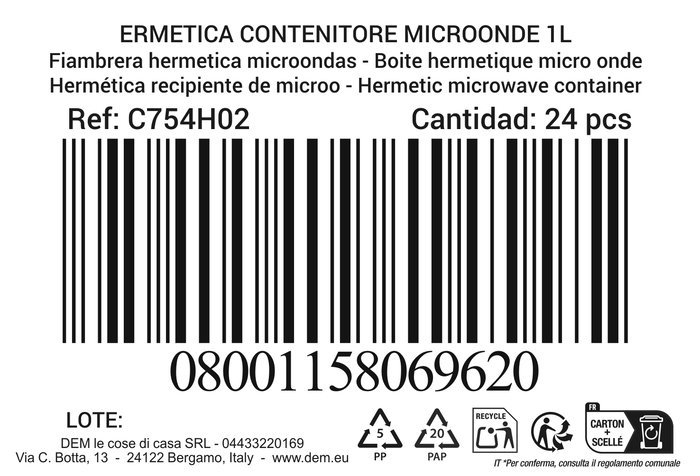 Dem Fiambrera Hermética 1L Rectangular para Microondas 18 x 12.5 x 7.5 cm (24 Unidades)