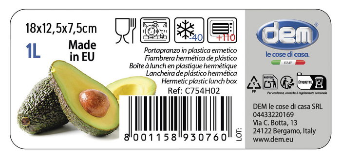Dem Fiambrera Hermética 1L Rectangular para Microondas 18 x 12.5 x 7.5 cm (24 Unidades)