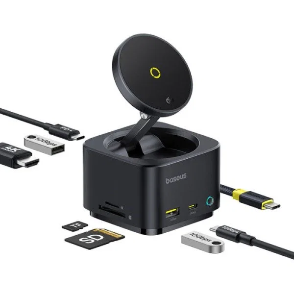 Baseus MagPro Series II Hub Cargador 7-en-1 USB-C con HDMI 4K@60Hz, 2x USB-A 3.2, 2x USB-C, Lector SD/MicroSD, PD 100W, Negro
