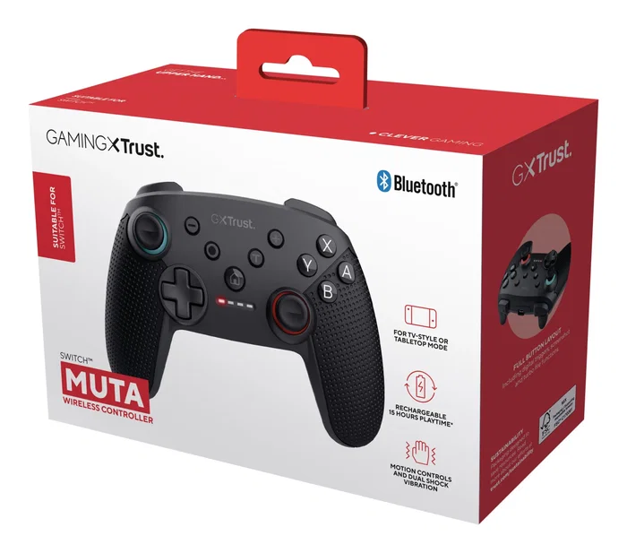 Trust GXT 1246 MUTA Mando Inalámbrico Bluetooth Gamepad para Nintendo Switch, Switch Lite y OLED - Negro, con Vibración, Batería Recargable y Autonomía 15 Horas