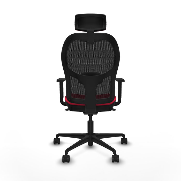 Silla de oficina Jorquera con mecanismo Sincro tapizada con Tela color Rojo y malla color Negro. Equipada con lumbar 1D, Brazos 1D, Cabecero 2D y Ruedas 65mm nailon