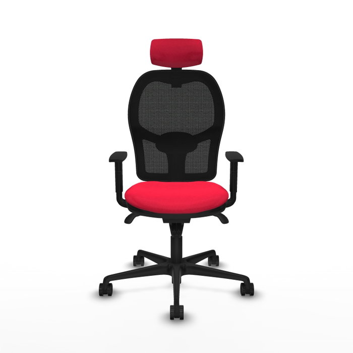 Silla de oficina Jorquera con mecanismo Sincro tapizada con Tela color Rojo y malla color Negro. Equipada con lumbar 1D, Brazos 1D, Cabecero 2D y Ruedas 65mm nailon