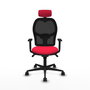 Silla de oficina Jorquera con mecanismo Sincro tapizada con Tela color Rojo y malla color Negro. Equipada con lumbar 1D, Brazos 1D, Cabecero 2D y Ruedas 65mm nailon