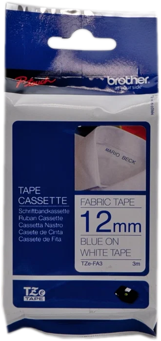 Brother TZe-FA3 Cinta Textil de 12 mm, Azul sobre Blanco