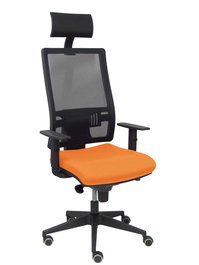 Silla de oficina Horna con mecanismo Sincro tapizada con Tela color Naranja y malla color Negro. Equipada con lumbar 1D, Brazos 1D, Cabecero Fijo y Ruedas de parqué