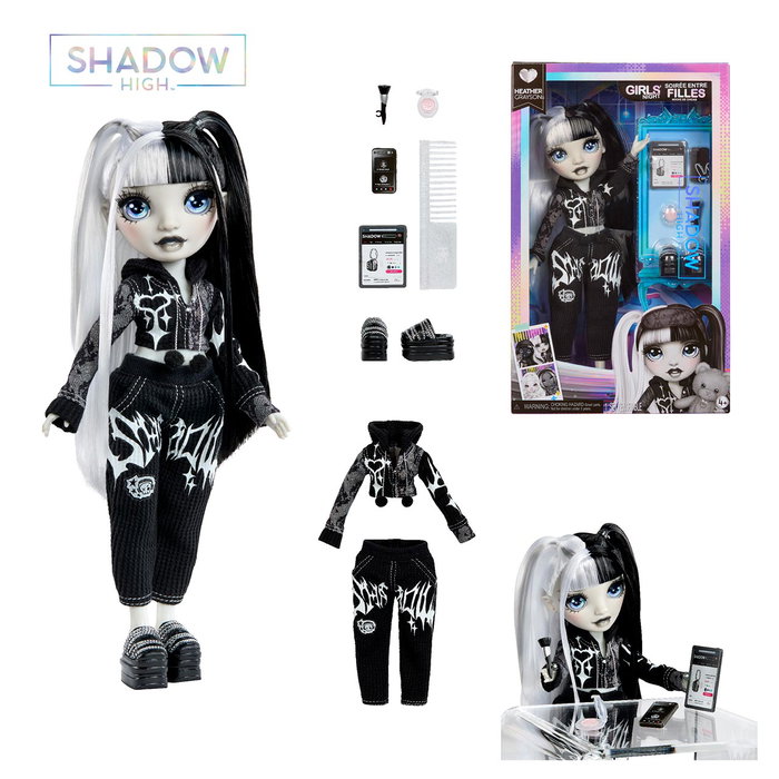 MGA Shadow High Muñeca Girls Night Heather - Muñeca de moda monocromática con coletas, tablet y accesorios de maquillaje, Ref. 597865, +4 años