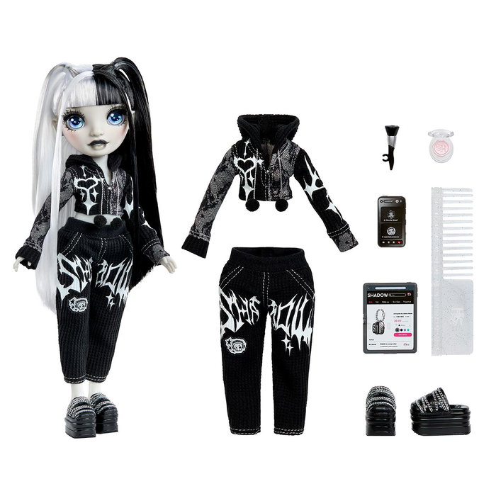 MGA Shadow High Muñeca Girls Night Heather - Muñeca de moda monocromática con coletas, tablet y accesorios de maquillaje, Ref. 597865, +4 años