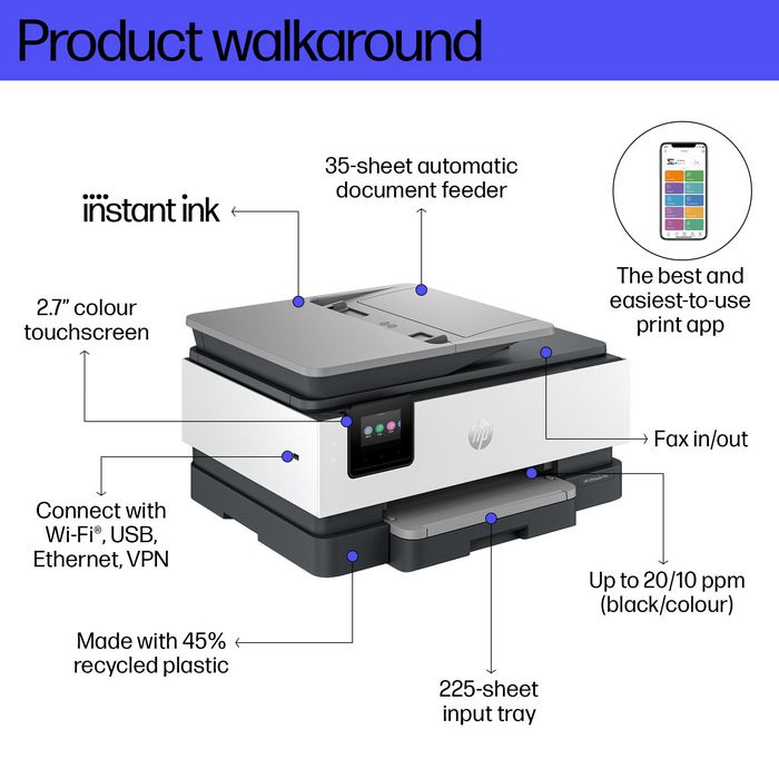 HP OfficeJet Pro 8134e All-in-One Printer - Impresora Color Multifunción con Fax, Scanner, Copiadora, Alimentador Automático y Pantalla Táctil, para Oficina en Casa, hasta 20 ppm