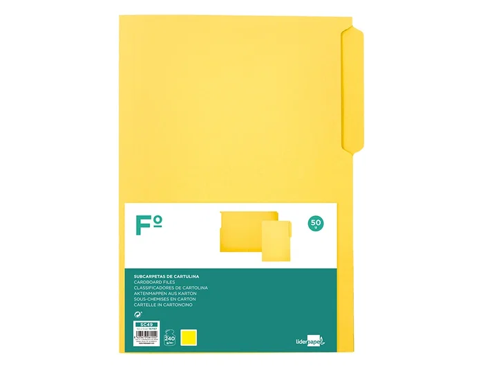 Liderpapel Subcarpeta de cartulina con pestaña izquierda, amarillo, formato Folio