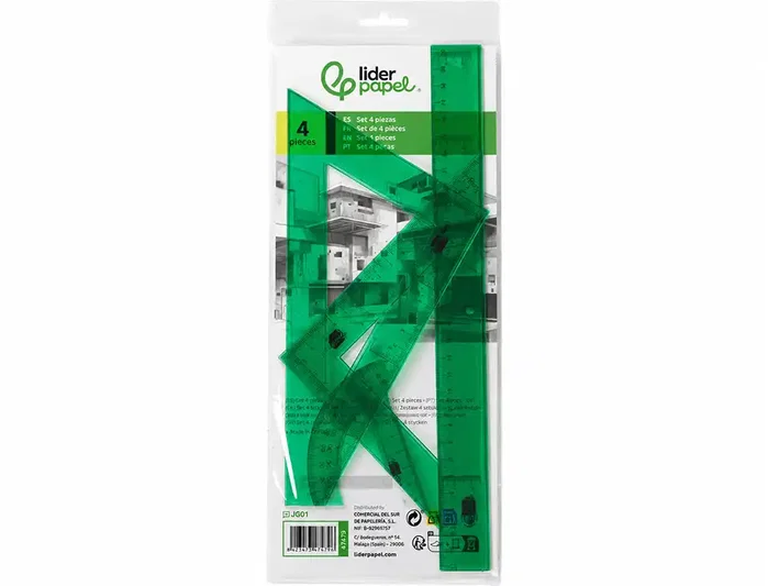 Liderpapel Juego de reglas con escuadra, cartabón, semicírculo y regla de 30 cm Liderpapel Juego de reglas con escuadra, cartabón, semicírculo y regla de 30 cm