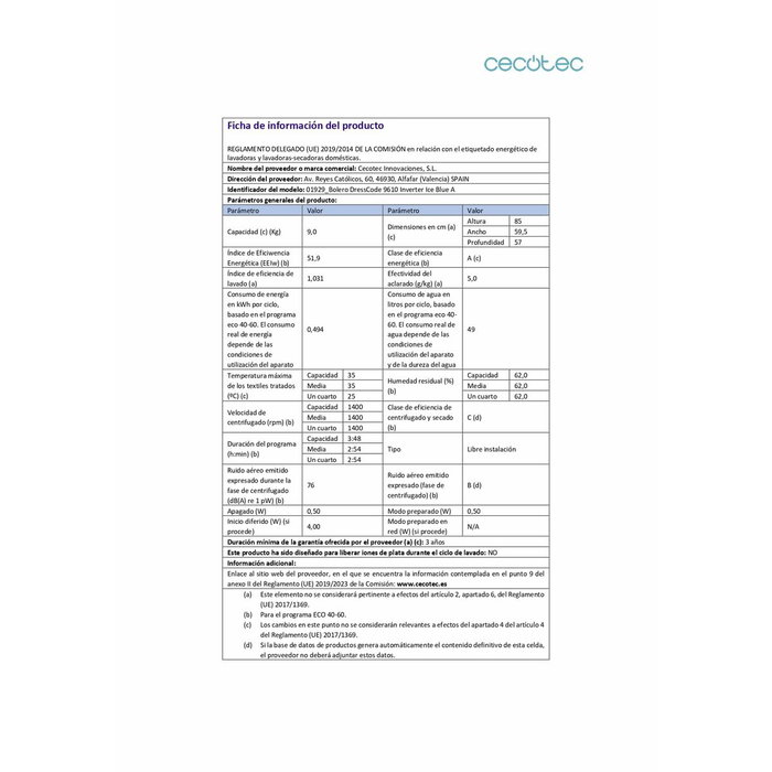 Lavadora Cecotec Bolero DressCode 9610 1400 rpm 9 L