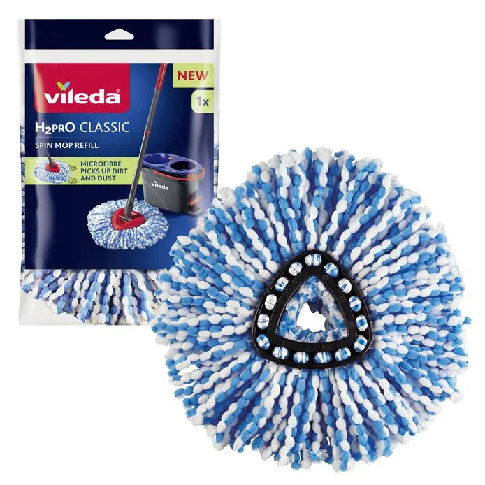 Vileda Repuesto Cabezal Bayeta Microfibra H2PRO Classic para Fregona Giratoria Spin Mop, Azul y Blanco, Ref. 178331