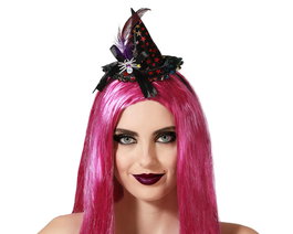 Diadema Halloween Sombrero Bruja Multicolor Mujer Adulto con Estrellas y Plumas para Fiestas Temáticas