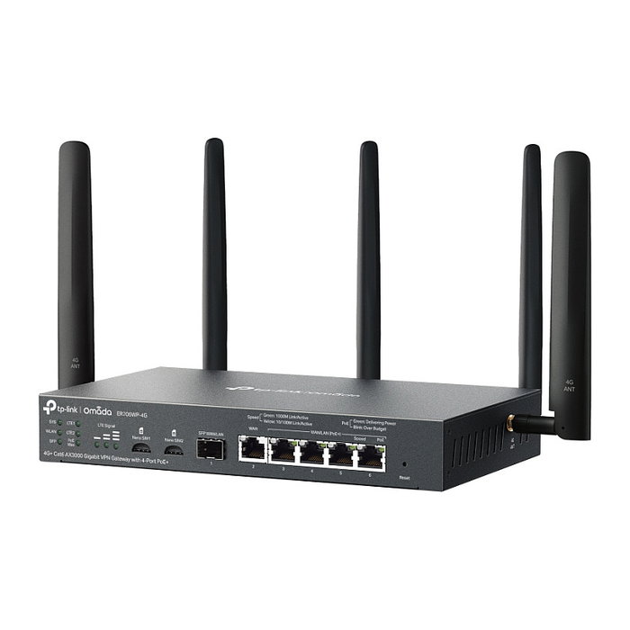 TP-Link ER706WP-4G Omada VPN Gateway AX3000, Enrutador Doble Banda con 4G y PoE+ (5 Puertos Gigabit, 4 Túneles VPN, Negro, Escritorio/Pared)
