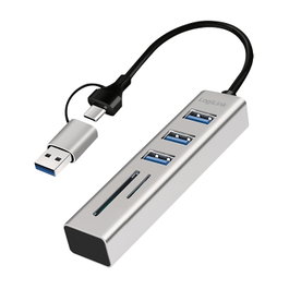 LogiLink Hub USB 3.0 con 3 puertos y lector de tarjetas, USB-A+C, gris