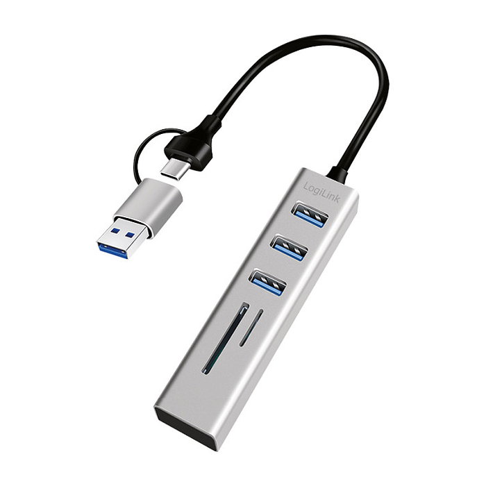 LogiLink Hub USB 3.0 con 3 puertos y lector de tarjetas, USB-A+C, gris