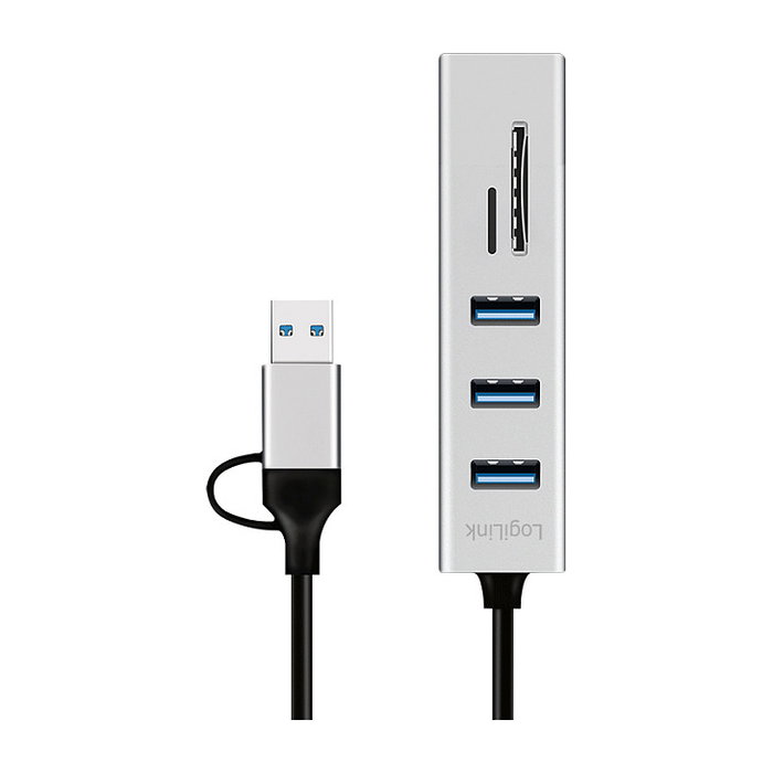 LogiLink Hub USB 3.0 con 3 puertos y lector de tarjetas, USB-A+C, gris
