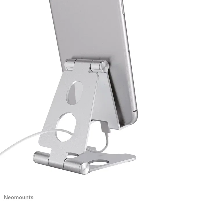 Neomounts DS10-150SL1 Soporte Plegable para Móvil/Smartphone hasta 4.7", Ajuste de Inclinación 270°, Plata - Soporte de Escritorio Pasivo con Almohadillas de Silicona