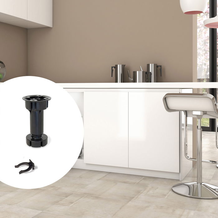Emuca Lote de 10 kits de pies niveladores para mueble Bone, con base premontada, altura 100mm, regulable 98-115mm, Plástico, Negro