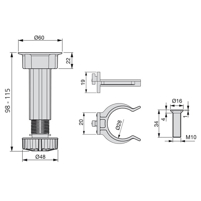 Emuca Lote de 10 kits de pies niveladores para mueble Bone, con base premontada, altura 100mm, regulable 98-115mm, Plástico, Negro