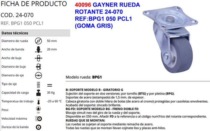 Gayner Rueda 24-070=REF:BPG1 050 PCL1 Goma Gris sin Freno Gayner Rueda 24-070=REF:BPG1 050 PCL1 Goma Gris sin Freno