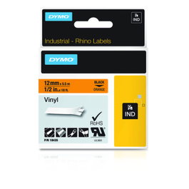 Dymo Rhino Cinta de Etiquetas Industrial Vinilo 12mm x 5,5m Negro sobre Naranja