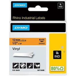 DYMO S0718490 Rhino Cinta de Etiquetas Industrial Adhesiva, Vinilo Negro sobre Naranja 12 mm * 5.5 m