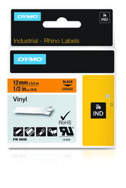 Dymo ID1-12 Cinta de Etiquetas Industrial Adhesiva - Negro sobre Naranja - Vinilo 12 mm x 5.45 m - Compatible con Rotuladora Rhino