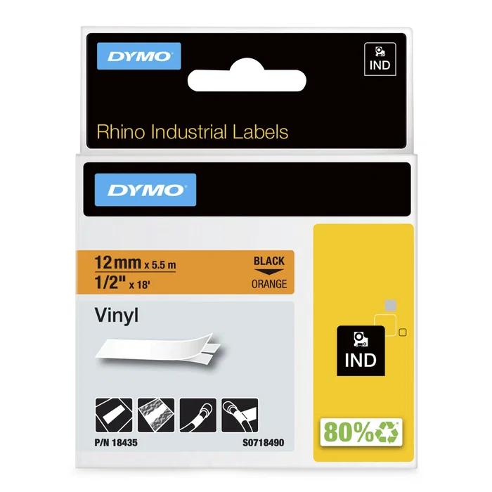Dymo Rhino Cinta de Etiquetas Industrial Vinilo 12mm x 5,5m Negro sobre Naranja