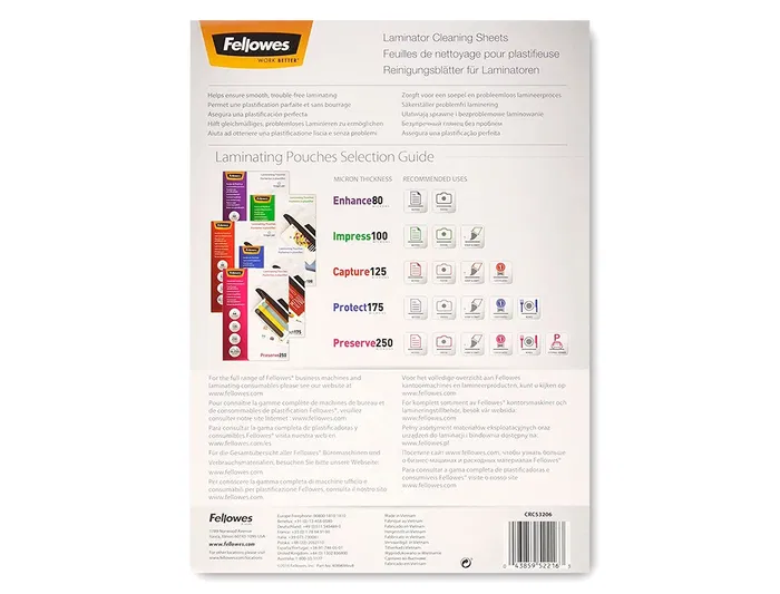 Fellowes Hojas de Limpieza para Plastificadoras, Pack de 10 Unidades, Compatibles con Todas las Plastificadoras