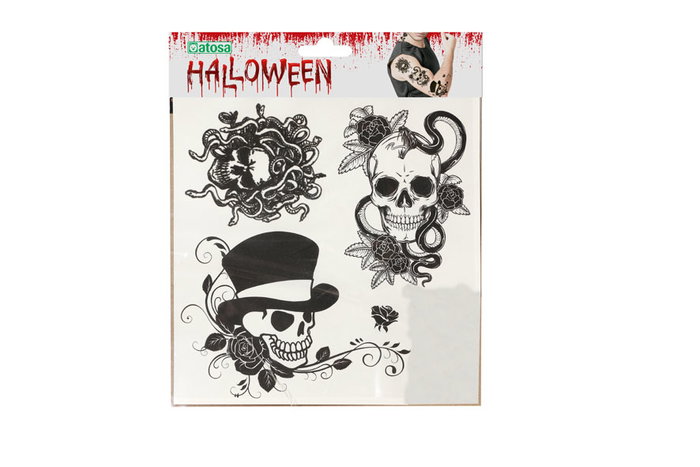 Tatuajes temporales blanco y negro con calaveras, flores y sombrero
