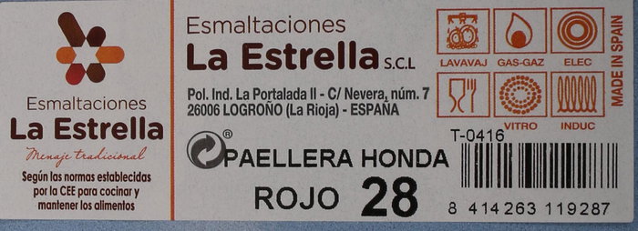 La Estrella Paellera Honda Bordonada 28 cm Rojo - 37.8 cm largo, 29 cm ancho (4 Unidades)