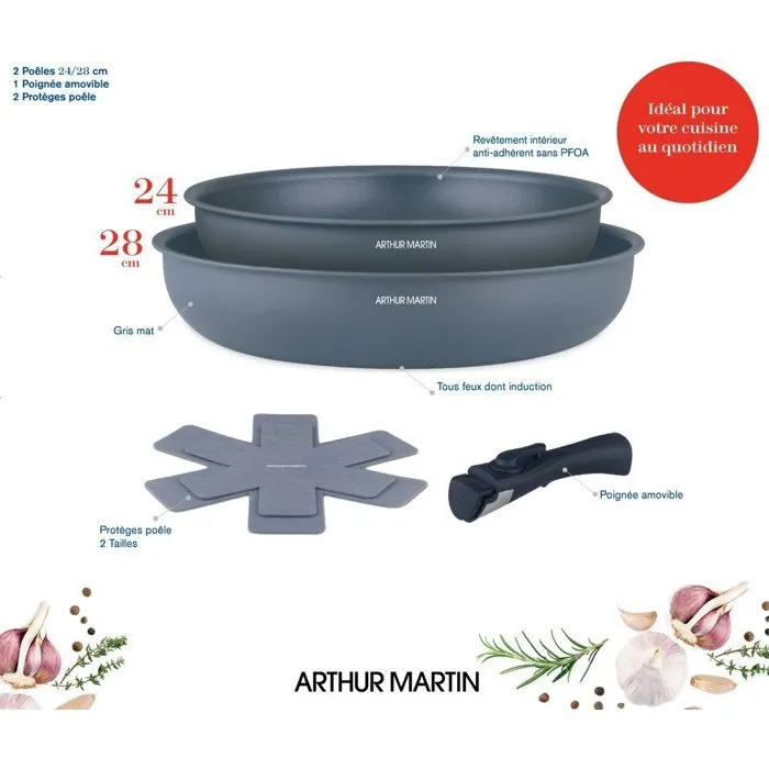 Arthur Martin AM2977 Juego de 2 Sartenes Antiadherentes Ø 24-28 cm con Mango Extraíble Apta Todo Tipo de Fuegos Gris Mate