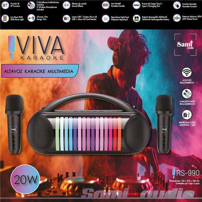 SAMI Altavoz Karaoke Multimedia Viva - Con 2 Micrófonos, 20W de Potencia, 24 cm de Largo, Ideal para Fiestas y Entretenimiento en Casa
