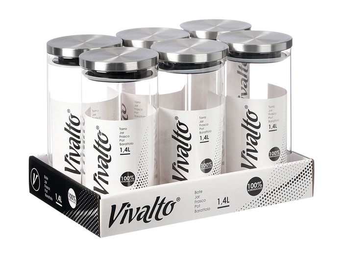 Vivalto Tarro Redondo Borosilicato Transparente 1,4L Tapa Acero 10.2x21.2x10.2 cm (Set de 12)