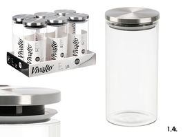 Vivalto Tarro Redondo Borosilicato Transparente 1,4L Tapa Acero 10.2x21.2x10.2 cm (Set de 12)