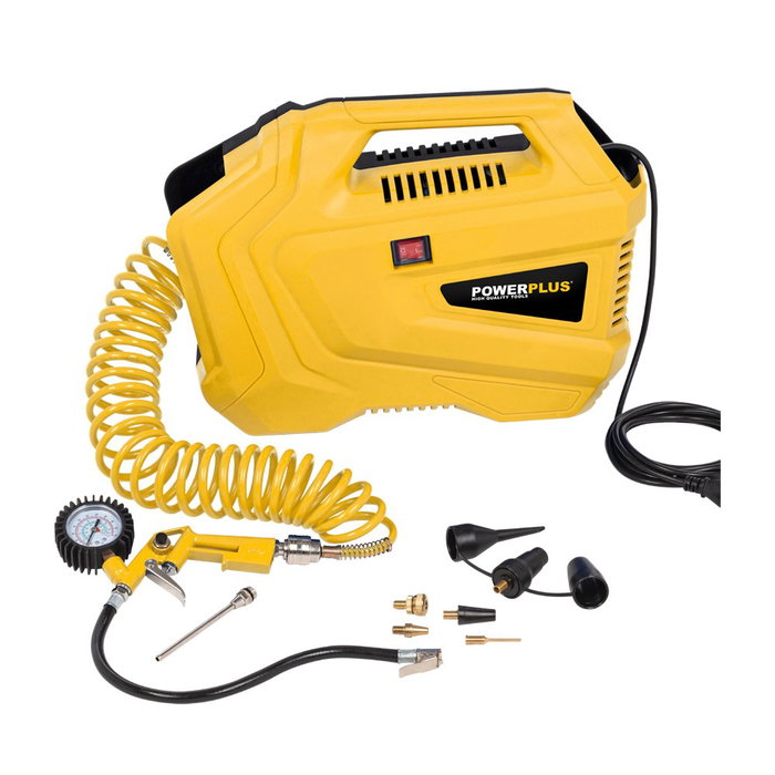 Powerplus Compresor de Aire Sin Aceite 1100W (1.5HP) 8 Bar 180L/min, para Neumáticos, Colchones y Herramientas Neumáticas, con 9 Adaptadores, Manguera Espiral 3m y Cable Powerplus Compresor de Aire Sin Aceite 1100W (1.5HP) 8 Bar 180L/min, para Neumáticos, Colchones y Herramientas Neumáticas, con 9 Adaptadores, Manguera Espiral 3m y Cable