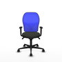 Silla de oficina Jorquera con mecanismo Sincro tapizada con Tela color Negro y malla color Azul. Equipada con lumbar 1D, Brazos 1D y Ruedas 65mm nailon