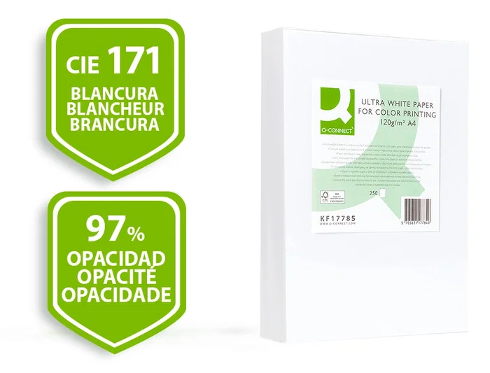 Q-connect Papel Multifunción Ultra White DIN A4 120 Gramos, Paquete de 250 Hojas, Blanco